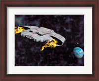 Framed Spaceship with afterburners engaged as it approaches planet Earth