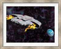 Framed Spaceship with afterburners engaged as it approaches planet Earth
