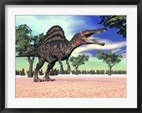 Framed Spinosaurus standing in the desert with trees