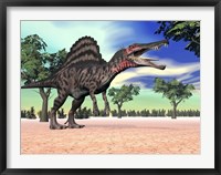 Framed Spinosaurus standing in the desert with trees