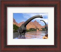 Framed Two Brachiosaurus dinosaurs in water next to red rock mountains