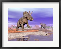 Framed Two Nedoceratops next to water in a colorful rocky landscape