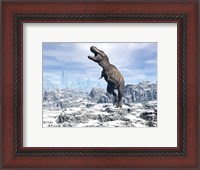 Framed Tyrannosaurus Rex dinosaur in a snowy landscape