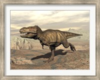 Framed Tyrannosaurus Rex dinosaur running across rocky terrain