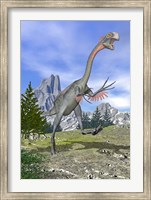 Framed Gigantoraptor dinosaur running in the mountains