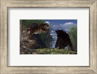 Framed saber-toothed cat leaps at a grizzly bear on a mountain path