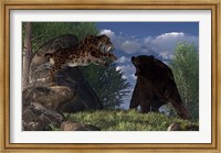 Framed saber-toothed cat leaps at a grizzly bear on a mountain path