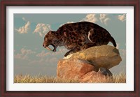 Framed Smilodon sits on a rock surrounded by golden fall fields
