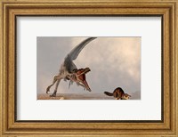 Framed velociraptor chasing a rat sized mammal