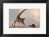 Framed velociraptor chasing a rat sized mammal