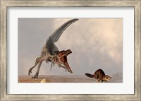 Framed velociraptor chasing a rat sized mammal