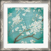 Framed 'White Cherry Blossoms I on Blue Aged No Bird' border=