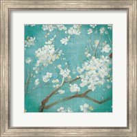 Framed 'White Cherry Blossoms I on Blue Aged No Bird' border=