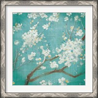 Framed 'White Cherry Blossoms I on Blue Aged No Bird' border=