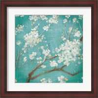 Framed White Cherry Blossoms I on Blue Aged No Bird