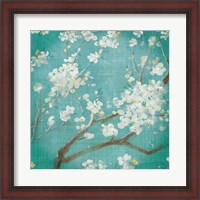 Framed 'White Cherry Blossoms I on Blue Aged No Bird' border=