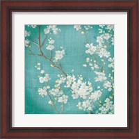Framed 'White Cherry Blossoms II on Blue Aged No Bird' border=