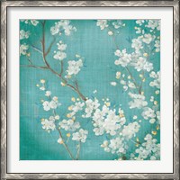 Framed White Cherry Blossoms II on Blue Aged No Bird