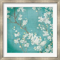 Framed White Cherry Blossoms II on Blue Aged No Bird