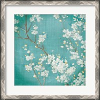 Framed White Cherry Blossoms II on Blue Aged No Bird