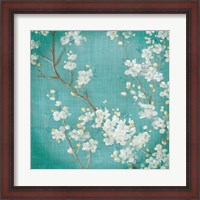 Framed White Cherry Blossoms II on Blue Aged No Bird