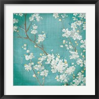 Framed 'White Cherry Blossoms II on Blue Aged No Bird' border=