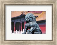 Framed China, Beijing, Lion statue guards Forbidden City