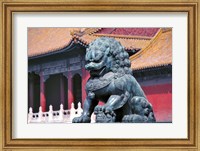 Framed China, Beijing, Lion statue guards Forbidden City