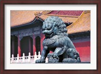 Framed China, Beijing, Lion statue guards Forbidden City