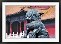 Framed China, Beijing, Lion statue guards Forbidden City