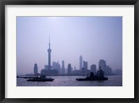 Framed Water Traffic along Huangpu River Passing Oriental TV Tower and Pudong Skyline, Shanghai, China
