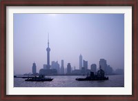 Framed Water Traffic along Huangpu River Passing Oriental TV Tower and Pudong Skyline, Shanghai, China