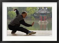 Framed Man Doing Tai Chi Exercises at Black Dragon Pool with One-Cent Pavilion, Lijiang, Yunnan Province, China