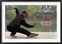 Framed Man Doing Tai Chi Exercises at Black Dragon Pool with One-Cent Pavilion, Lijiang, Yunnan Province, China