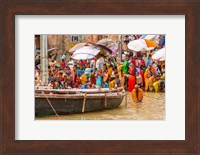 Framed Worshipping Pilgrims on Ganges River, Varanasi, India