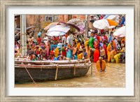 Framed Worshipping Pilgrims on Ganges River, Varanasi, India