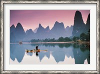 Framed Cormorant fishing at dusk, Li river, Guangxi, China