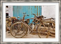 Framed Group of bicycles in alley, Delhi, India