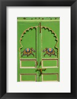 Framed Elephants painted on green door, City Palace, Udaipur, India