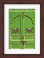 Framed Elephants painted on green door, City Palace, Udaipur, India