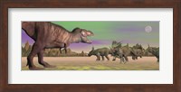 Framed Tyrannosaurus attacking Styracosaurus dinosaurs