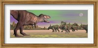 Framed Tyrannosaurus attacking Styracosaurus dinosaurs