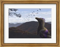 Framed Velociraptor in an autumn landscape