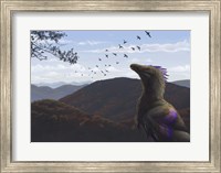 Framed Velociraptor in an autumn landscape