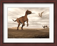 Framed Velociraptor dinosaur in desert landscape with two pteranodon birds