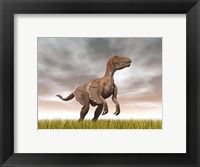 Framed Velociraptor dinosaur standing in the yellow grass