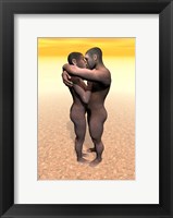 Framed Male and female Homo erectus hugging in the desert