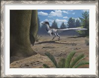 Framed deinonychosaur leaves tracks across a Cretaceous China landscape
