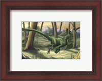 Framed bright green Velociraptor runs through a prehistoric forest