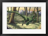 Framed bright green Velociraptor runs through a prehistoric forest